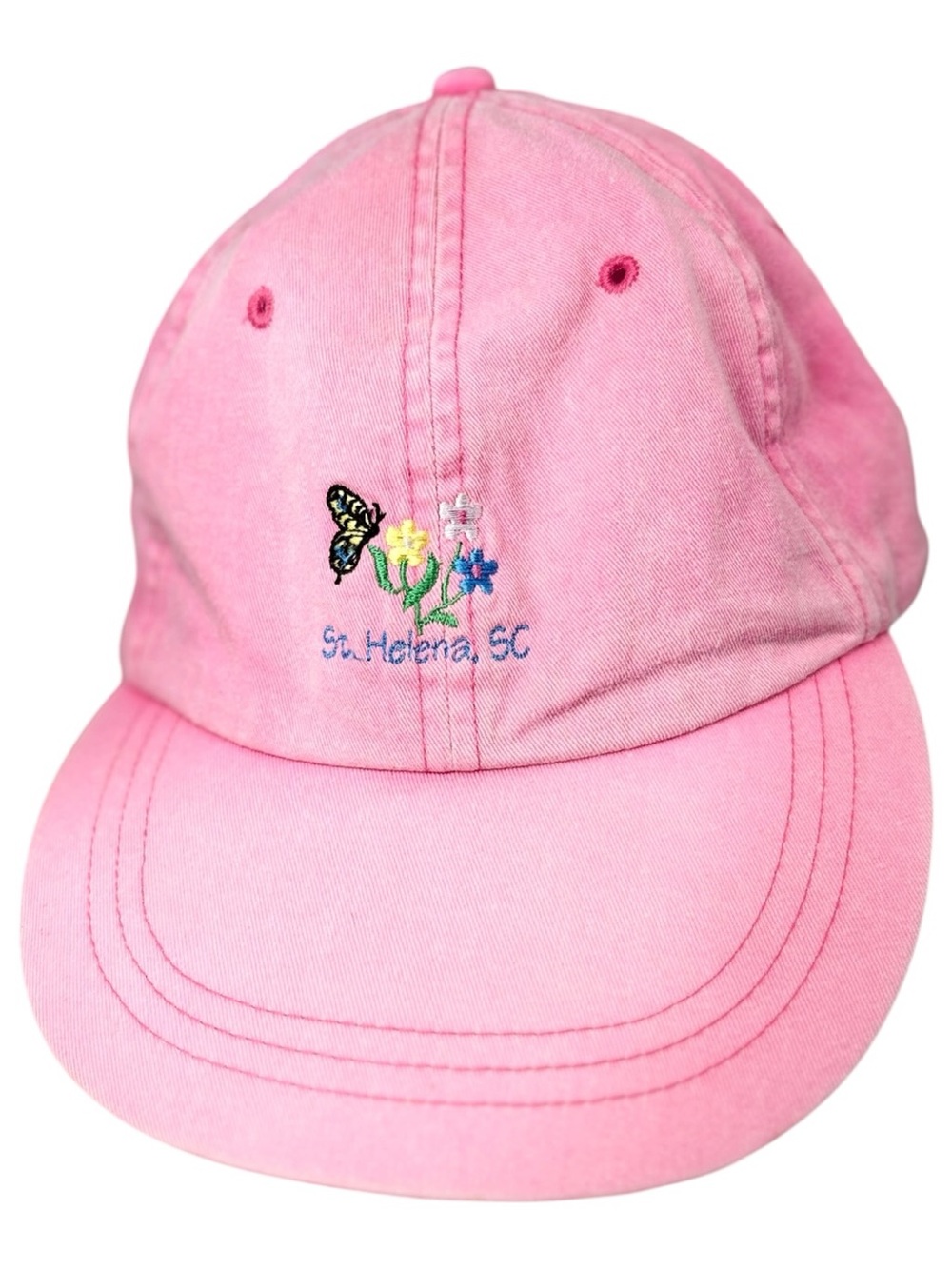 St. Helena South Carolina Pink Butterfly & Flower Embroidered Baseball Hat Adams